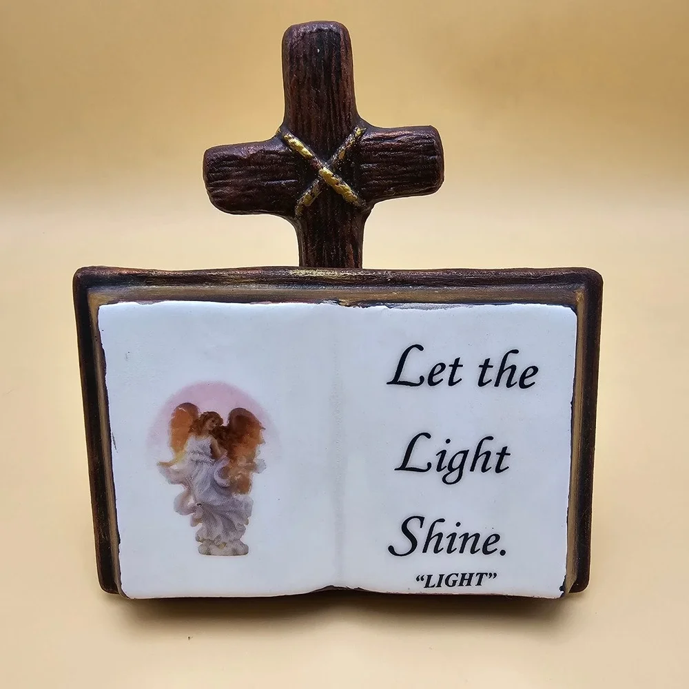 Religious Cross Book Planter Figurine Angel Let the‎ Light Shine 